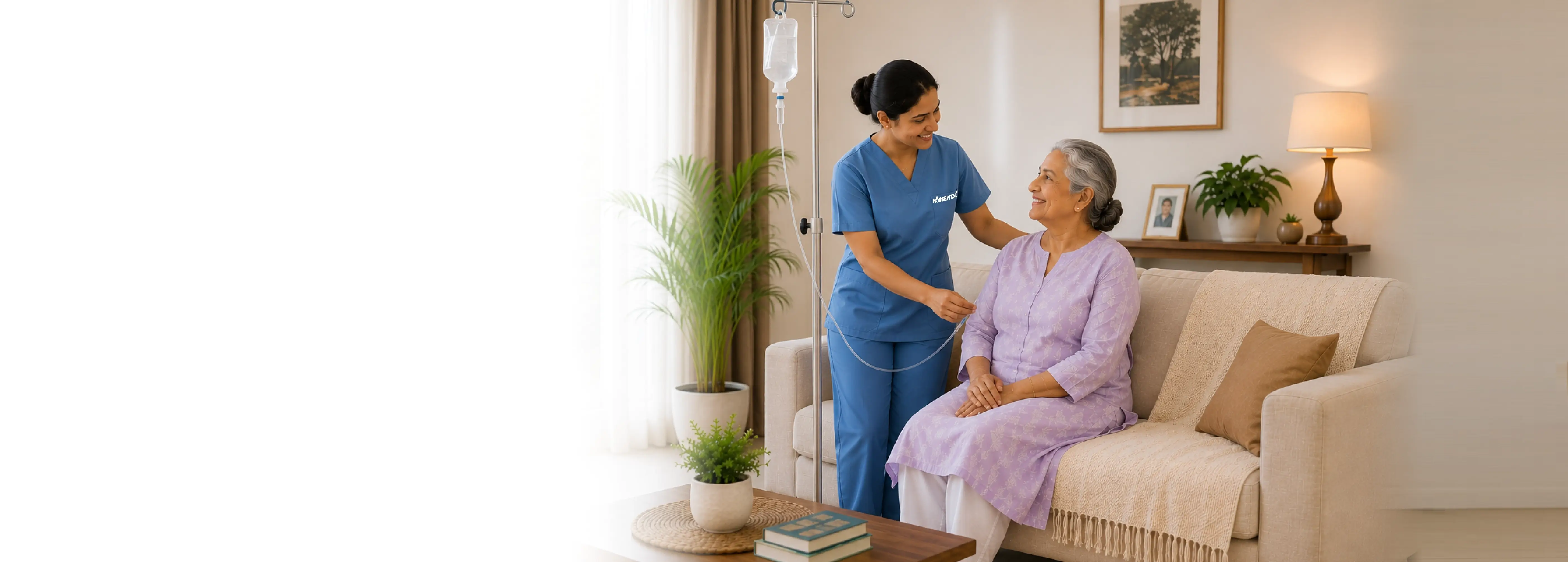 Trained nurse caring for an elderly patient at home